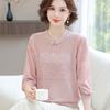 Camisa Básica de Tricô Fino de Primavera da Mamãe, Blusa Camiseta Estilo Chinês Vintage de Verão para Mulheres de Meia-Idade e Idosas com Mangas Transparentes
