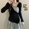 Camisa básica de manga longa com retalhos irregulares de veludo macio que cobre a barriga para outono e inverno, top de tricô emagrecedor com decote V para primavera e outono