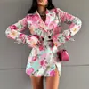 Comercio Exterior Faldas Digitales de Moda para Mujer Traje Nuevo Solapa Manga Larga Top Falda de Cintura Alta Conjunto de Dos Piezas