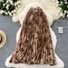 Saia de Chiffon de Comprimento Médio para Mulheres Outono 2025 Novo Estilo Saia Guarda-Chuva Elegante com Grande Caimento Plissada Floral Linha A