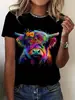 Camiseta Casual para Mujer con Cuello Redondo, Presentando un Divertido Diseño de Dibujos Animados de una Vaca Asustada, Ilustración de Moda