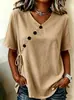 Camiseta casual de verão nova, cor sólida, manga curta, feminina, solta, de algodão e linho, com botões de amarração, gola V, europeia e americana, transfronteiriça