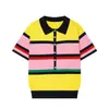 Atacado Fabricante de Roupas Femininas Transfronteiriço Moda Europeia e Americana 2026 Camisa de Tricô Listrada de Manga Curta com Gola Polo Decorada com Botões Slim Fit