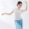 Nuevo conjunto de práctica de baile para mujer con cuello semi-alto, manga corta, top plisado, corte ajustado, adecuado para deportes, yoga y actuaciones