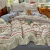 Todo Algodão Estilo Princesa Renda Grande Conjunto de Quatro Peças ins Fresco Algodão Puro Estilo Coreano Romântico Roupa de Cama Lençol Capa de Edredom Quarto Conjunto de Três Peças 4