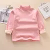 Camiseta interior térmica cálida para niños, de rayas, cuello semi-alto, manga larga; para niñas, top forrado de polar; para niños pequeños y niños pequeños, camiseta de una sola capa