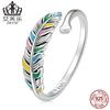Anillo abierto de pluma arcoíris de plata esterlina Evelle s925, colorido, con gota de aceite, moderno, elegante, pulsera anillo de ala