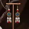 Pendientes de borlas largas con cuentas de estilo antiguo y nuevo estilo chino, accesorios para cheongsam de estilo chino, pendientes de imitación de puntos cloisonné con forma de loto