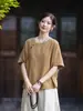 Camiseta de Manga Corta para Mujer, Estilo Nuevo de Verano 2026, Artística Retro, Algodón y Lino, Holgada, Casual, Bloques de Color, de Botones, Pulóver