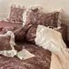 Sensación Retro de Alta Gama Set de Cuatro Piezas de Doble Gasa 100% Algodón Jacquard Encaje Francés Funda de Edredón de Algodón Puro Ropa de Cama Color Café 4
