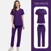 Uniforme de Trabajo para Salón de Belleza y Spa Uniforme de Enfermera Multicolor Manga Corta Pantalón Largo Estilo Delgado Lazo Bata de Laboratorio Cuello en V Top de Uniforme