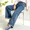 Direto do fabricante, novos jeans femininos vintage estilo americano com costura tridimensional, bordas desfiadas, corte relaxed e design de perna larga casual solto