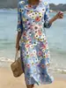 (Cintura ceñida) Vestido largo casual versátil para mujer con estampado 3D estilo resort y cuello redondo