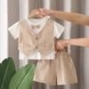 Traje de Verano para Niño 2025 Nueva Llegada Traje Guapo de Verano para Niño Pajarita Manga Corta Falso Dos Piezas Vestido a la Moda