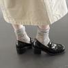 Zapatos Clásicos de Cuero Negro Zapatos de Uniforme Jk Nuevos Versátiles para las Cuatro Estaciones Estilo Preppy Tacón Medio Grueso Mocasines de Cuero Patentado de Vaca