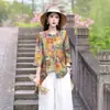 Conjunto de Pantalones Anchos de Verano con Estilo Étnico, Efecto Adelgazante, Mangas Tres Cuartos, Pantalones Anchos de Algodón y Lino, Estampado Artístico Retro de Tencel