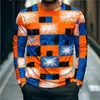 Camiseta de Manga Larga con Estampado Cuadros Geométricos para Hombre, Pulóver Casual de Cuello Redondo con Estampado Floral Radial Europeo y Americano, Camiseta Base para Primavera y Otoño