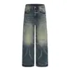 Jeans rectos retro de estilo americano en color azul, ricos en detalles, para hombre y mujer, con un diseño casual lavado, desgastado y de pierna ancha holgada, con un efecto de bigotes de gato en 3D.