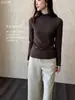 32038 # Top base de punto acanalado color crema para otoño e invierno con cuello semi-alto, manga larga, alta elasticidad, amigable con la piel para mujer
