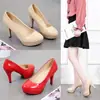 Tacones Ultra Altos Negros Impermeables Versátiles Zapatos de Plataforma Impermeables Punta Redonda Primavera y Verano Nuevos Zapatos de Mujer Charol Boca Baja Sexy