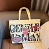 Bolsa de Lona Grande Capacidade com Estampa de Alfabeto de Desenho Animado para Mulher, Bolsa de Mão/Ombro com Texto para o Dia a Dia