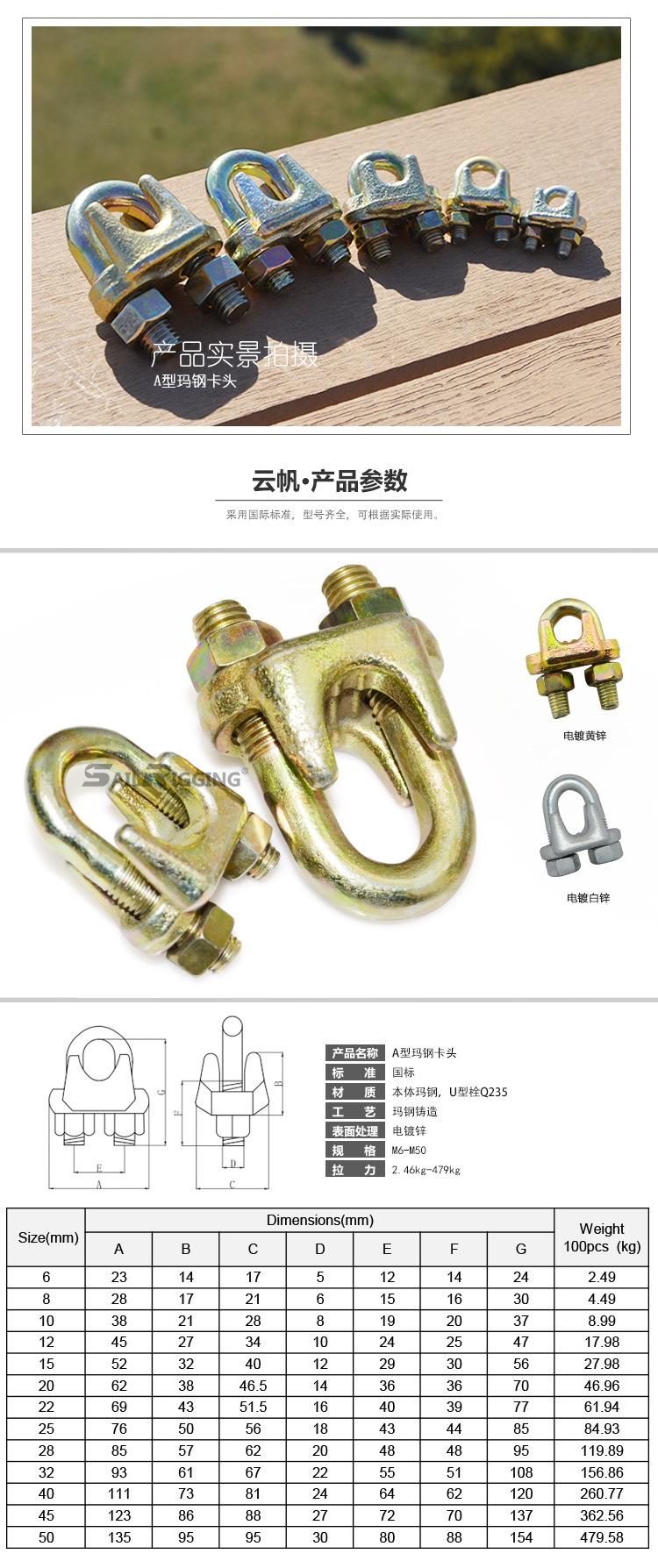 青岛云帆索具 高强度国标船用卡头 电镀锌电力卡子 紧固起重用