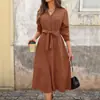 Baifen ClothingTiktok 2026 Novo Estilo Vestido Veludo Cotele Cor Sólida Decote V Cintura Ajustada