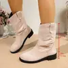 Otoño 2026 Nuevas Botas de Gamuza Retro de Talla Grande Hasta la Pantorrilla con Cruces, Punta Redonda, Tacón de Cuña Fruncido, Caídas Hasta la Pantorrilla para Mujer