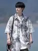 Camisa de Manga Corta Tie-Dye para Hombre, Camisa Floral de Seda Helada de Verano para Playa, Chaqueta de Marca Trendy Holgada Talla Grande, Manga Tres Cuartos para Playa