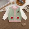 Cardigan de Tricô Falso Duas Peças 100% Algodão para Bebês e Crianças Pequenas Meninas, Suéter Color Block Gola Redonda Coração Doce Flor de Cerejeira, Roupa Externa 100% Algodão