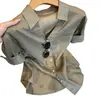 Camisa de Algodão e Linho Verde com Decote em V e Manga Curta Estilo Old Money para Mulheres, Novo Modelo Verão 2026, Emagrecimento e Elegante, Versão Coreana Camisa para o Trabalho