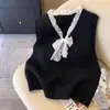 Novo Suéter Colete Tricotado com Laço de Renda Francesa para Primavera e Outono, Exquisitamente Emagrecedor e Versátil para Camadas, Top Feminino