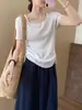 Estilo Casual Gola Quadrada Cordão Mangas Curtas em Ambos os Lados Verão 2025 Novo Estilo Coreano Casual Elegante Cor Lisa Camiseta Top