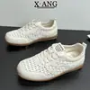 Zapatos de Verano Tejidos Huecos Transpirables de Piel de Vaca de Primera Capa para Mujer, Zapatos de Entrenamiento Alemanes con Cordones, Zapatos Suaves de Suela Forrest Gump, Zapatos Blancos
