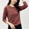 Camiseta Redonda de Manga Larga con Estampado Floral Plateado Elegante Moda de Principios de Otoño Para Reducir Edad Ropa de Mamá Camiseta Básica Plateada Versátil Adelgazante