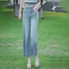 Jeans Cropped Feminino Verão Fino 2025 Novo Cor Clara Cintura Alta Seda Gelada Fluido Petite Casual Perna Reta