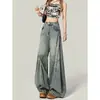 Jeans de mezclilla retro de calle azules rotos de pierna ancha curvada para mujer, pantalones holgados de cintura alta modernos estilo americano