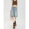 Shorts de mezclilla de color claro de cintura alta para mujer, delgados, estilo coreano, casual, adelgazantes, holgados, que disimulan, de pierna recta, pantalones de 5 puntos de longitud media para verano