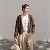 Cardigã de malha em duas cores, marrom melardo, estilo bloco de cores, modelagem solta e emagrecedora para o outono, versátil e moderno