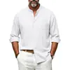 Camisa Larga Casual para Hombre 2026 Transfronteriza de Algodón y Lino con Cuello Alto, Bolsillo en el Pecho, Mangas Enrollables Ajustables