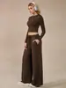 Conjunto de Dos Piezas Estilo Perezoso Europeo y Americano Top Corto Marrón de Manga Larga Pantalones Casuales de Pierna Ancha Traje de Moda y Cómodo para Mujer