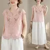 Nueva blusa de encaje bordado estilo chino de manga corta para mujer, nueva blusa vintage de algodón y lino para mujer, verano 2026
