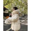 Abrigo de algodón plumón rosa, con capucha para invierno, engrosado, con cuello grande de pelo, de longitud media, para personas petite, chaqueta acolchada, abrigo de algodón, blanco lechoso