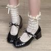Sapatos de Couro Pequenos Estilo Faculdade Bico Quadrado Raso com Laço Pequeno para Mulheres, Moda Tendência com Salto Bloco Elegante e Moderno Aumentador de Altura Sapatos Solteiros