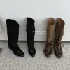 Botas de Cuña Apiladas de Encaje con Punta Puntiaguda Pierna Ancha Maillard 2026, Botas Vaqueras Versátiles con Aumento Interno de Altura, Botas Largas Marrones para Mujer