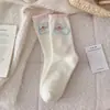 Meias Grossas Quentes Rosa de Lã Australiana para Outono e Inverno, Meia de Cano Médio com Desenho de Morango Coelho Laço, Meias de Dormir para Chão Femininas