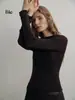 Camiseta básica de lana para mujer para otoño con ribete de encaje y mangas largas, cuello semi-alto, corte ajustado y diseño elegante