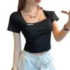 Camiseta Corta de Manga Corta con Cuello Cuadrado Estilo Francés Vintage para Mujer, Corte Ajustado, Top Básico para Verano 2026, Moderna