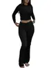 Conjunto casual de dos piezas para mujer de moda transfronteriza europea y americana con cuello redondo, mangas largas, pantalones acampanados de cintura alta y atuendo deportivo para mujer
