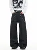 Calças Jeans Pretas para Homens e Mulheres Outono Estilo Americano Ins High Street Soltas Versáteis de Barra Reta Calças Retro Simples de Micro Flare